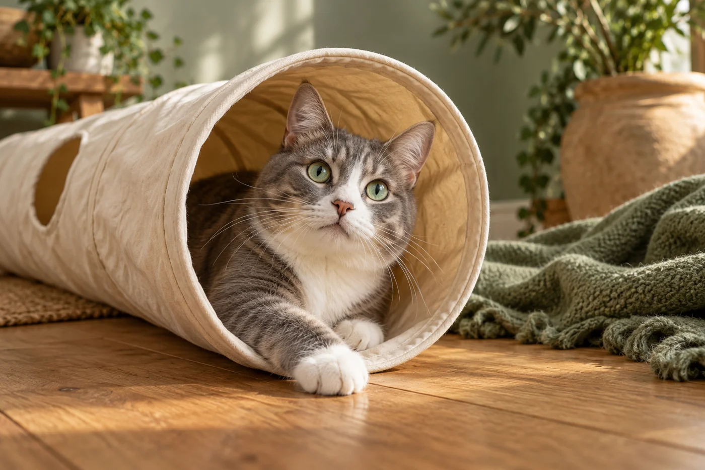 Gato gris asomándose desde un túnel de tela en casa